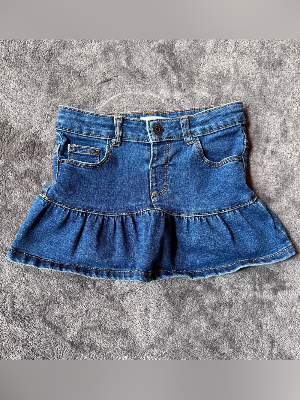 MNG Mango Kids Girls Denim Ruffle Mini Skirt Drop Waist Peplum Jean Size 3-4Y